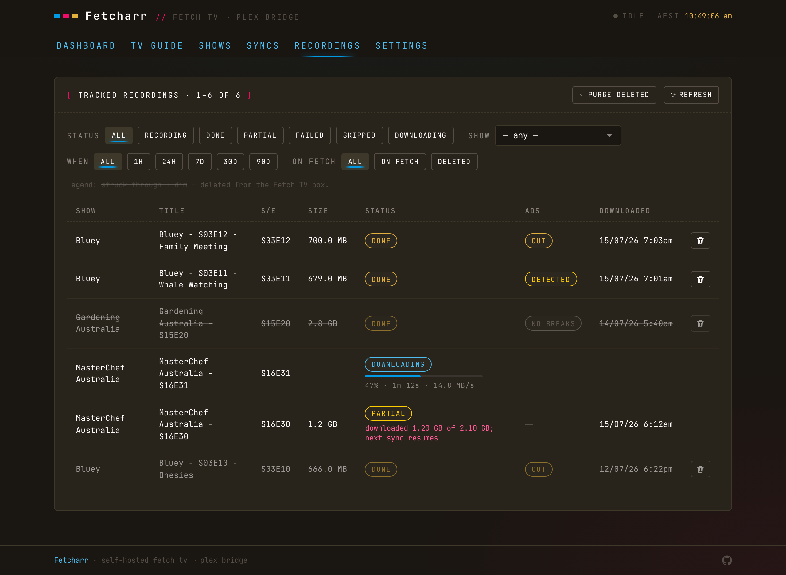 The Recordings tab