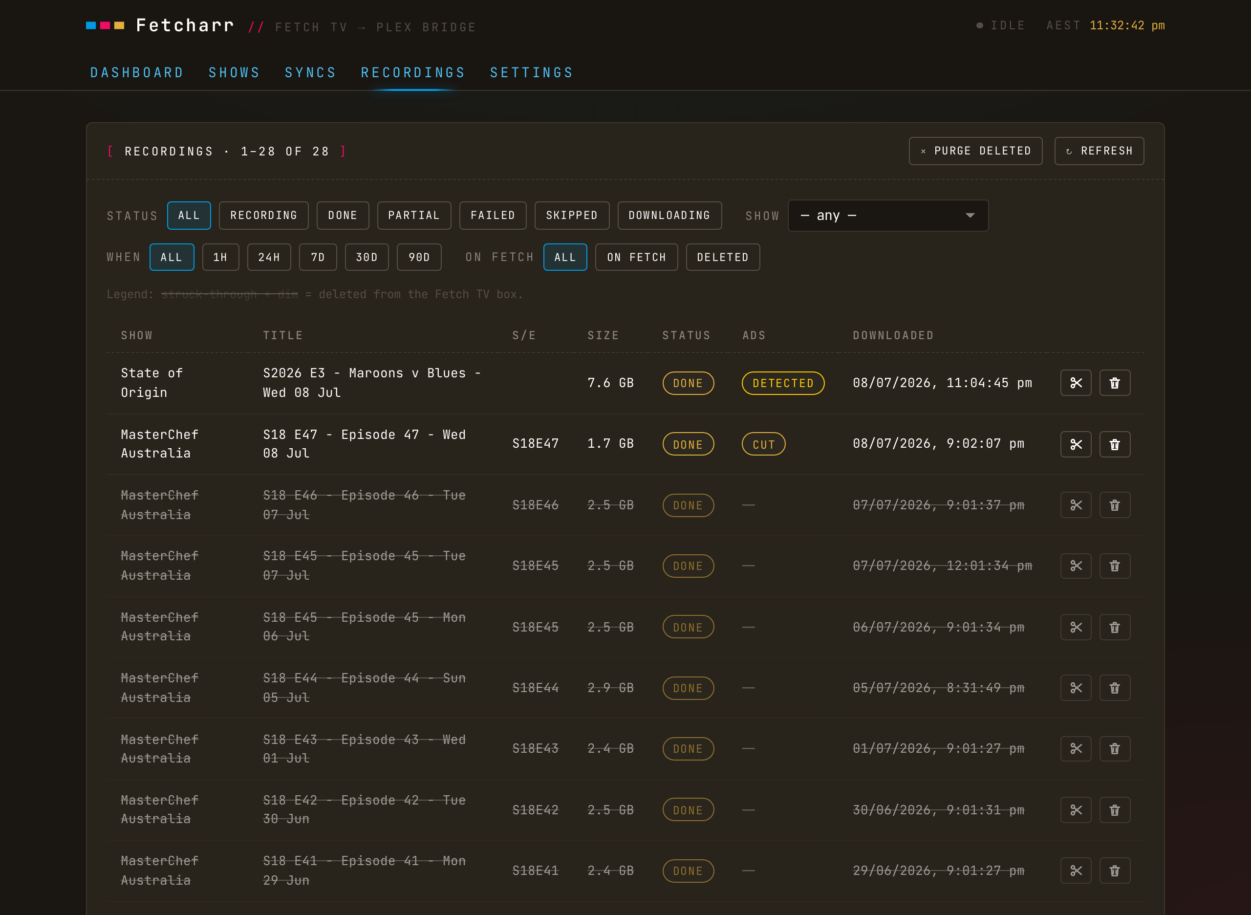 The Recordings tab