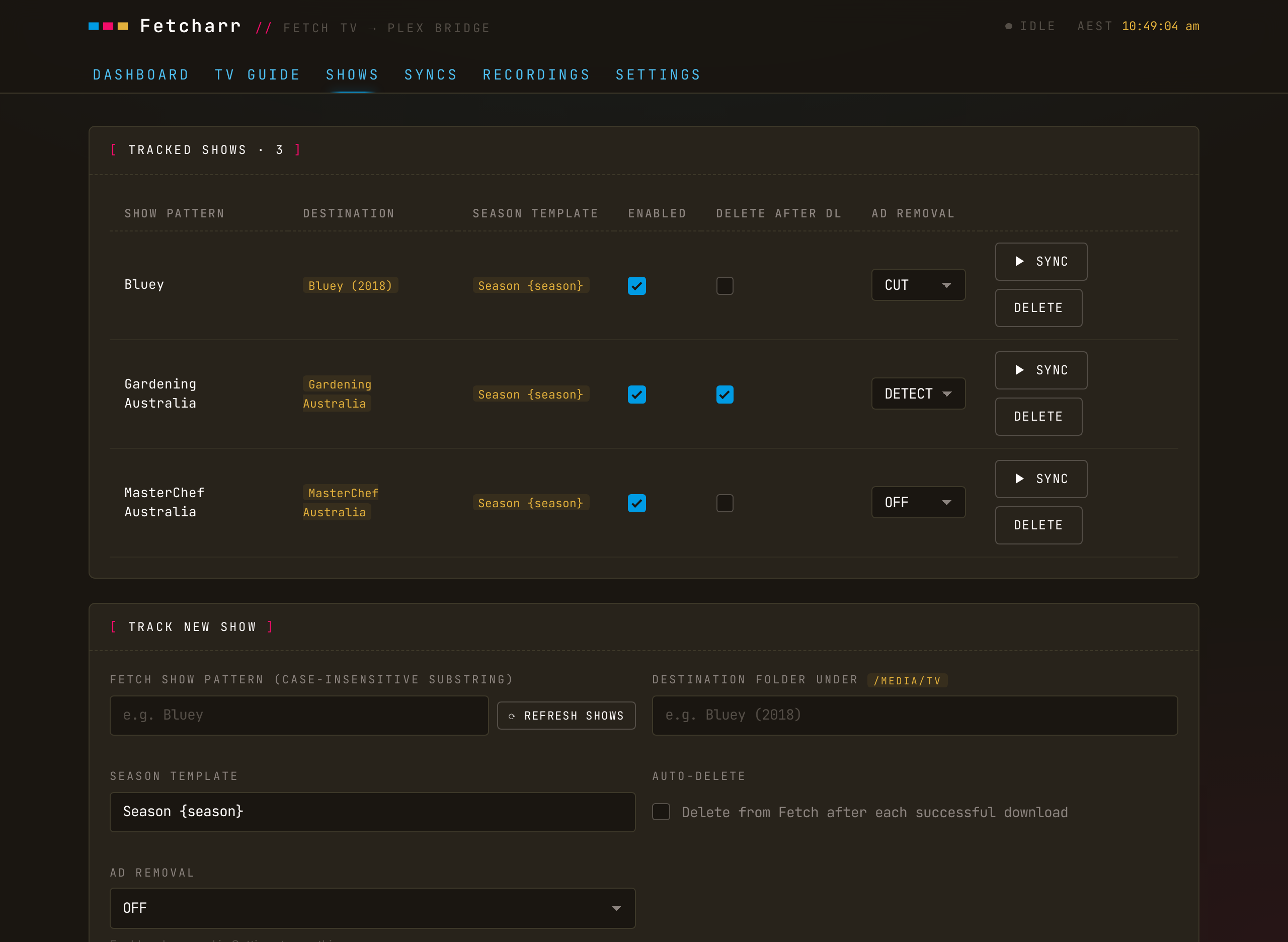 The Shows tab
