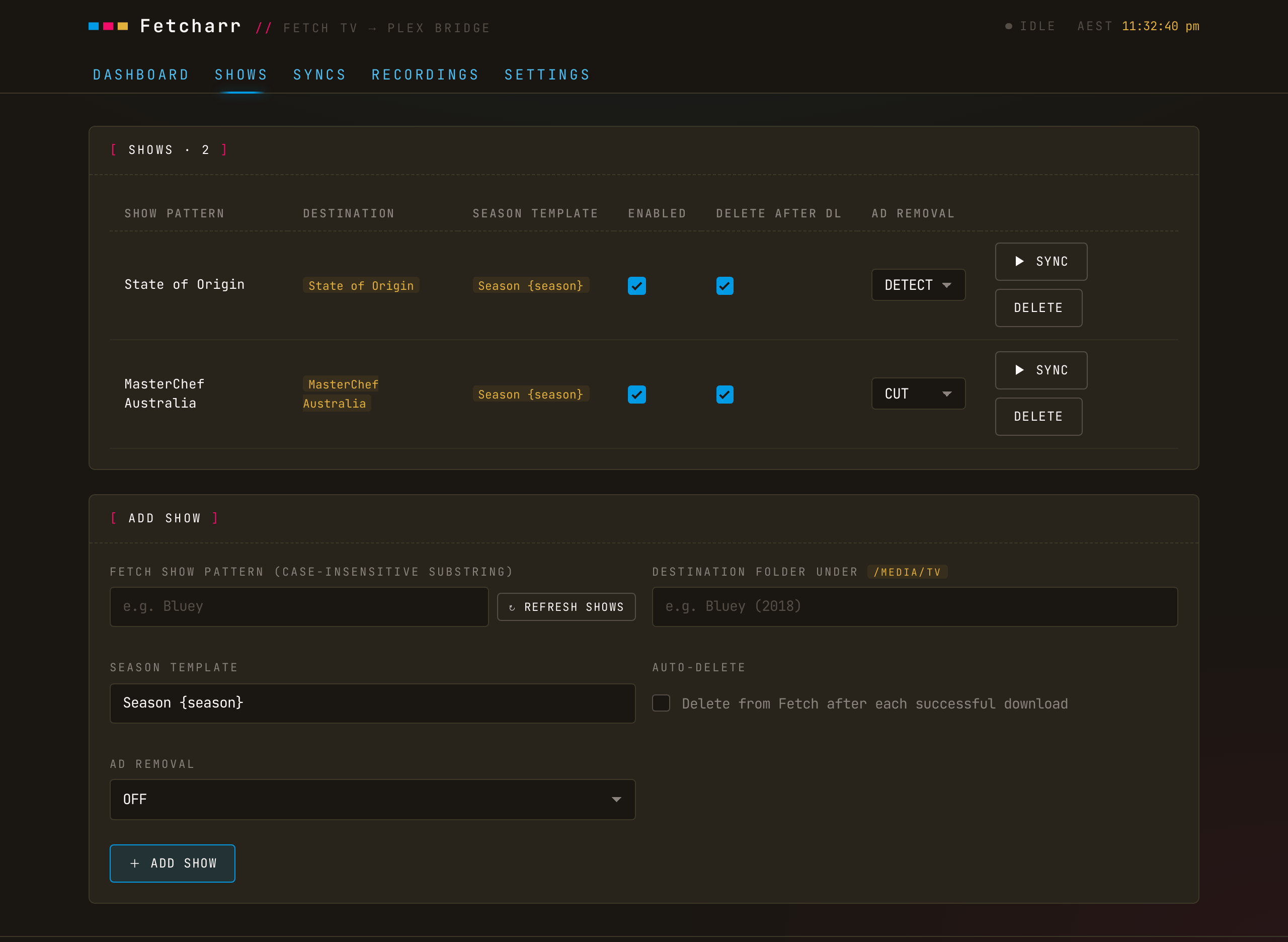 The Shows tab