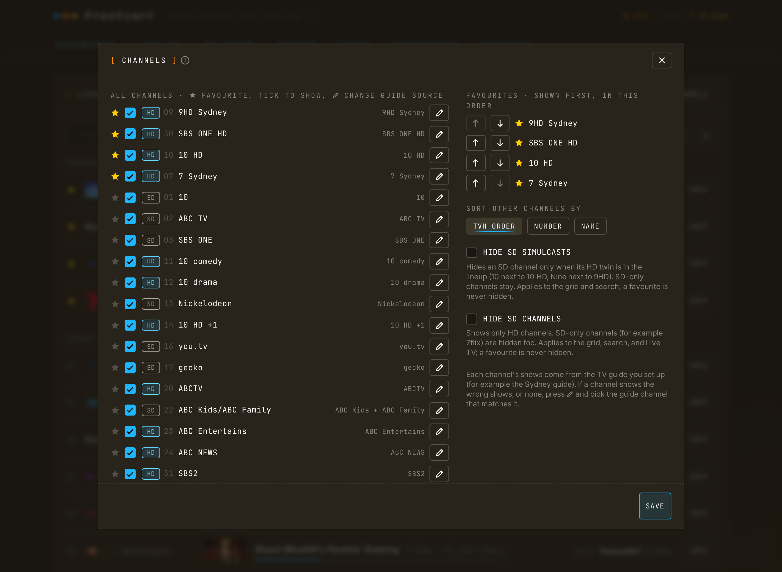 The CHANNELS dialog