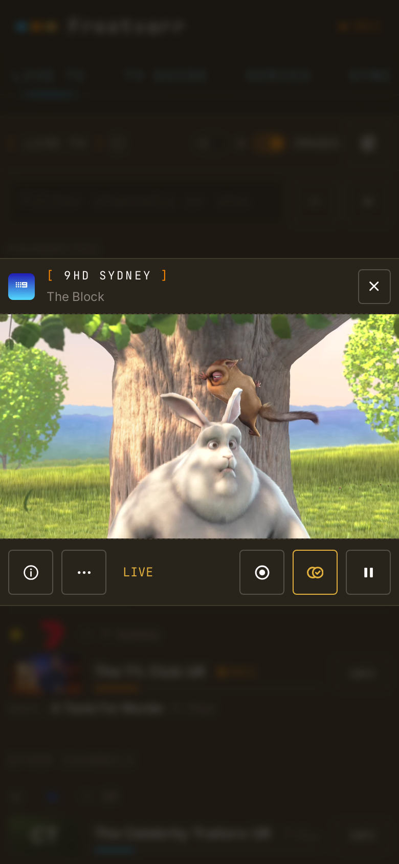 The live TV player on a phone, playing a channel