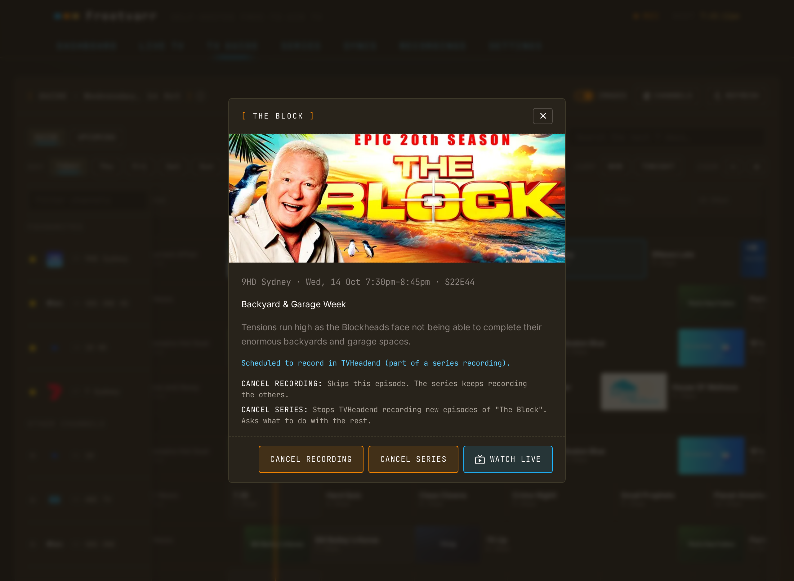 A programme's detail dialog with its image, synopsis, and RECORD buttons