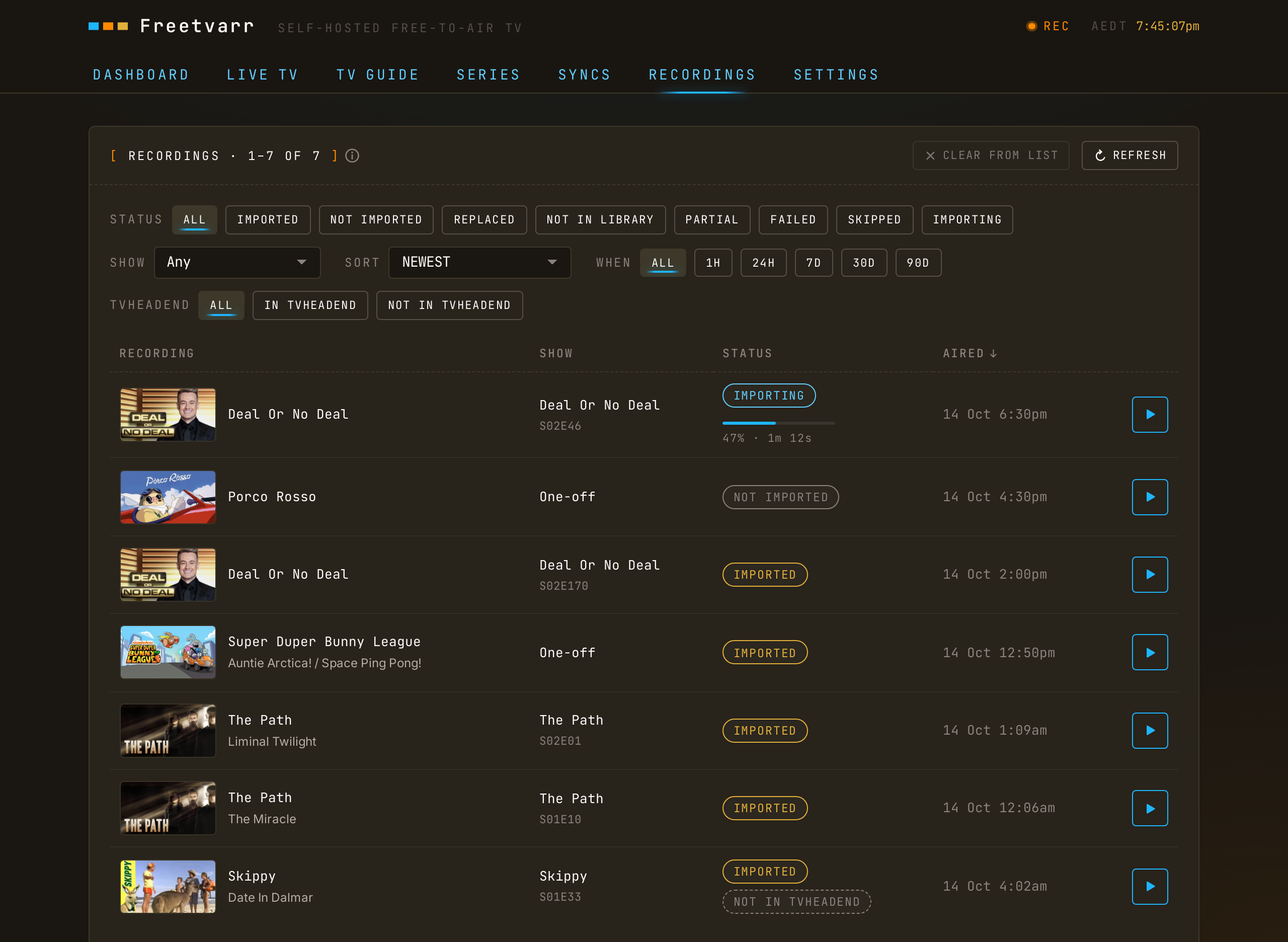 The Recordings tab