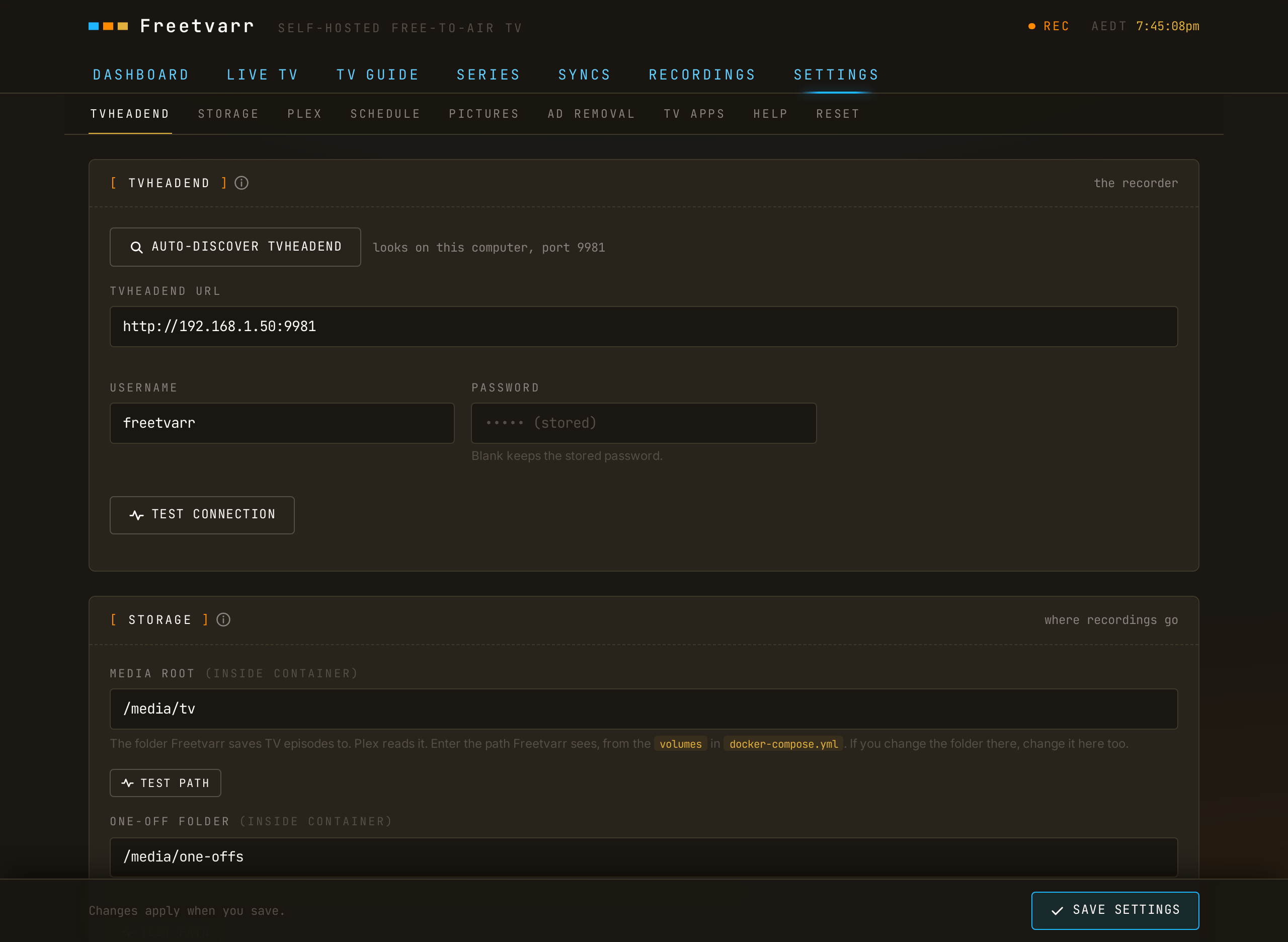 The Settings tab