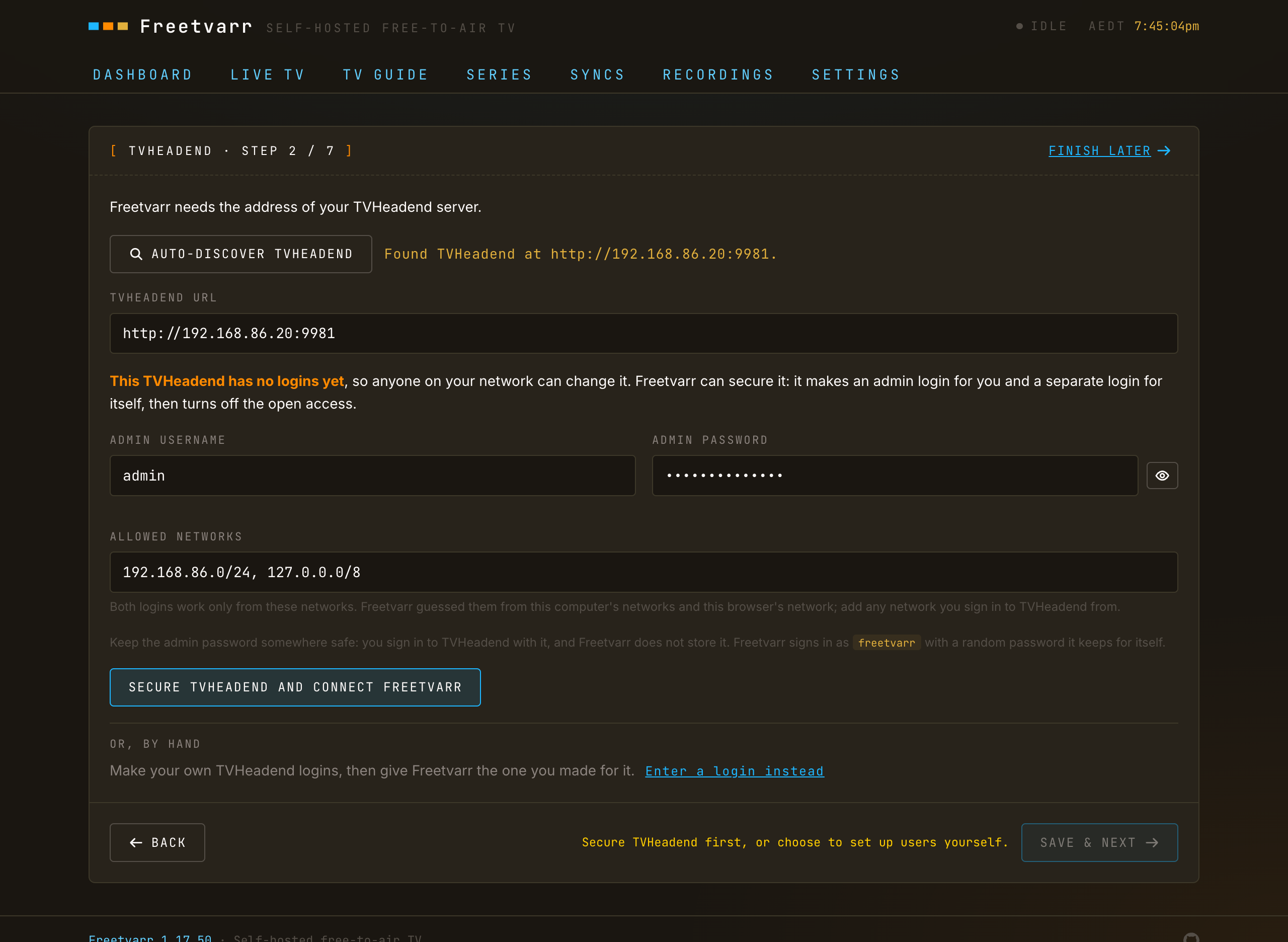 The wizard's TVHeadend step when Freetvarr installed TVHeadend, with the admin username, password, allowed networks, and the SECURE TVHEADEND AND CONNECT FREETVARR button
