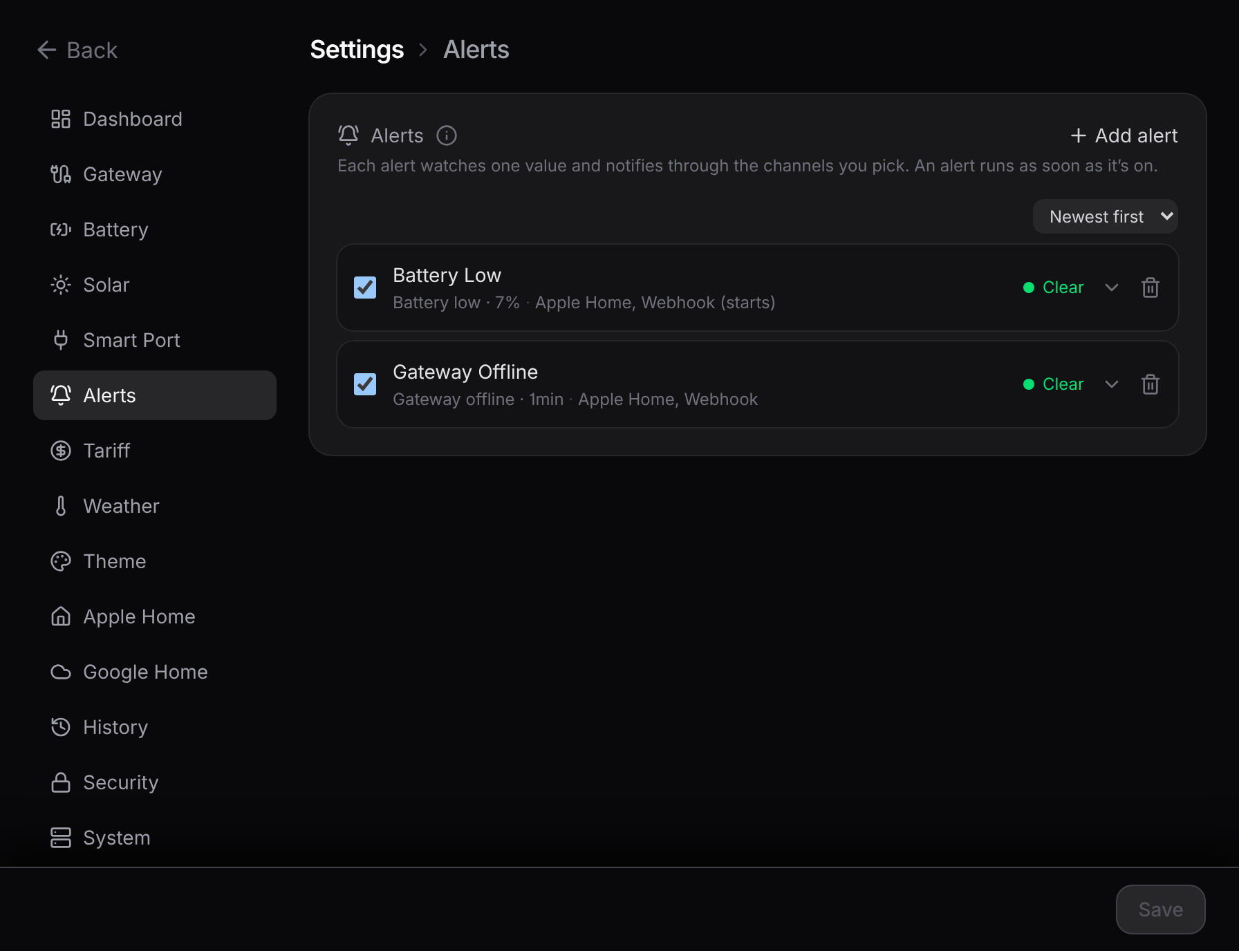 Settings, alerts section