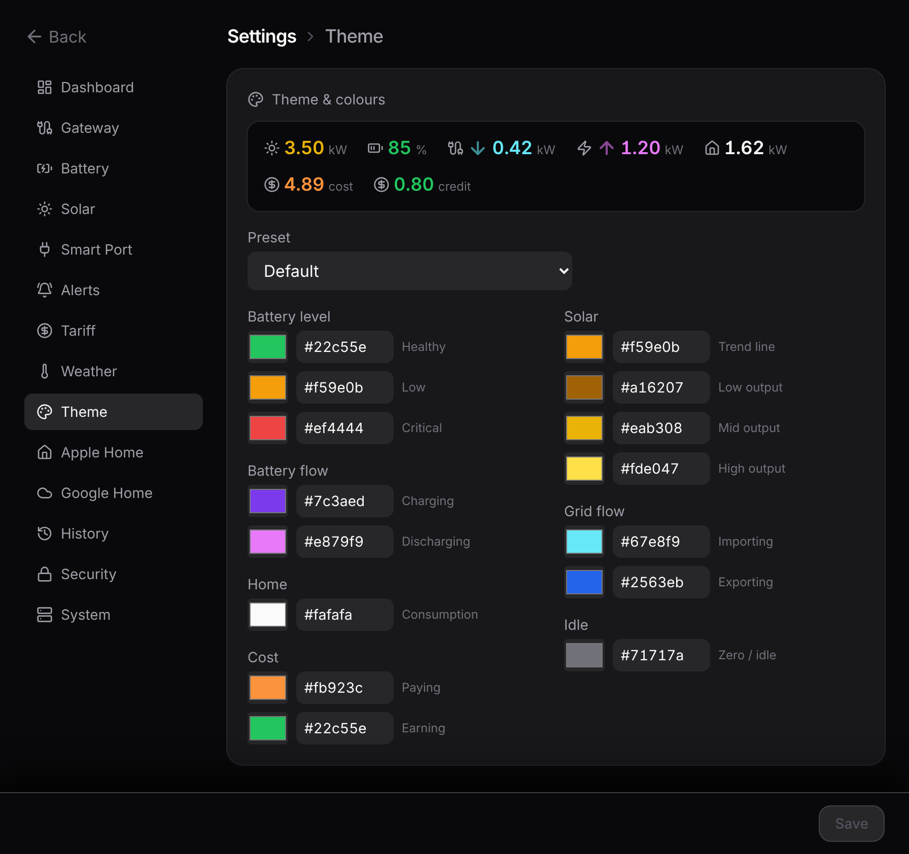 Settings, theme section