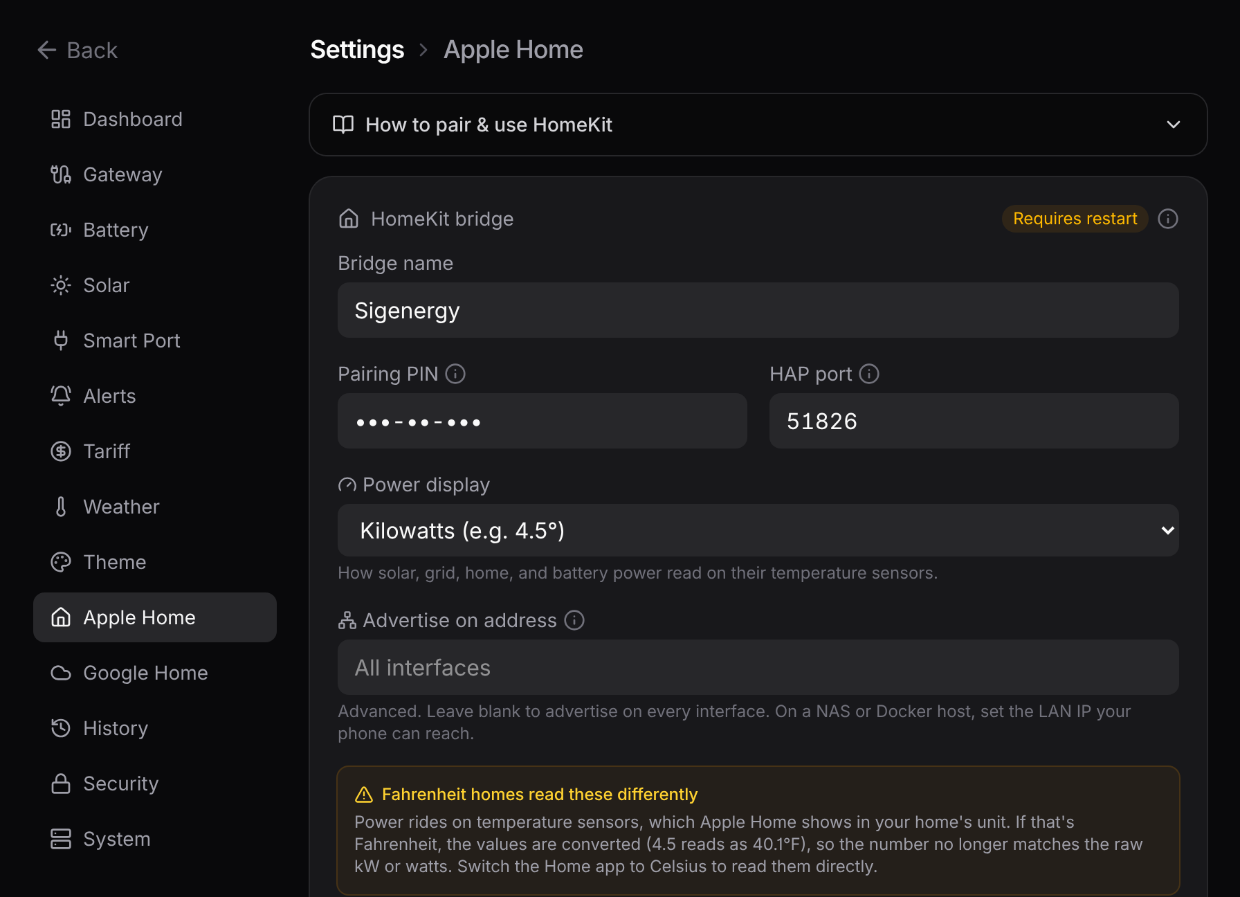 Settings, Apple Home section