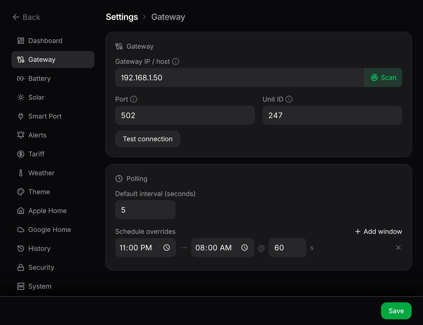 Settings, gateway section