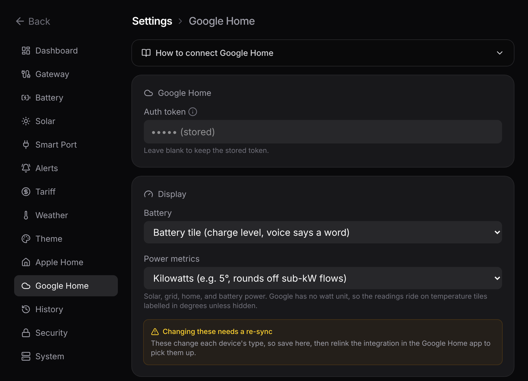 Settings, Google Home section