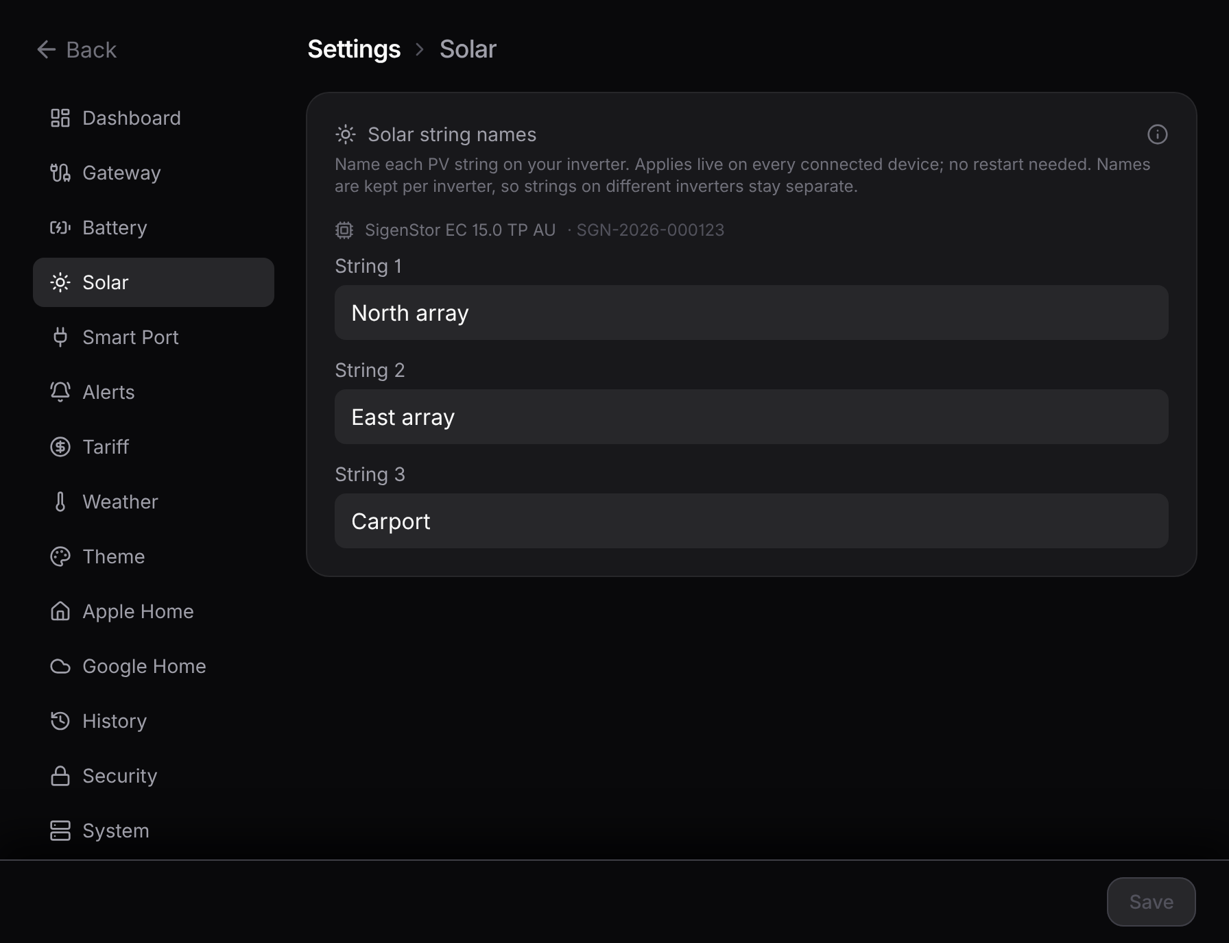 Settings, solar section